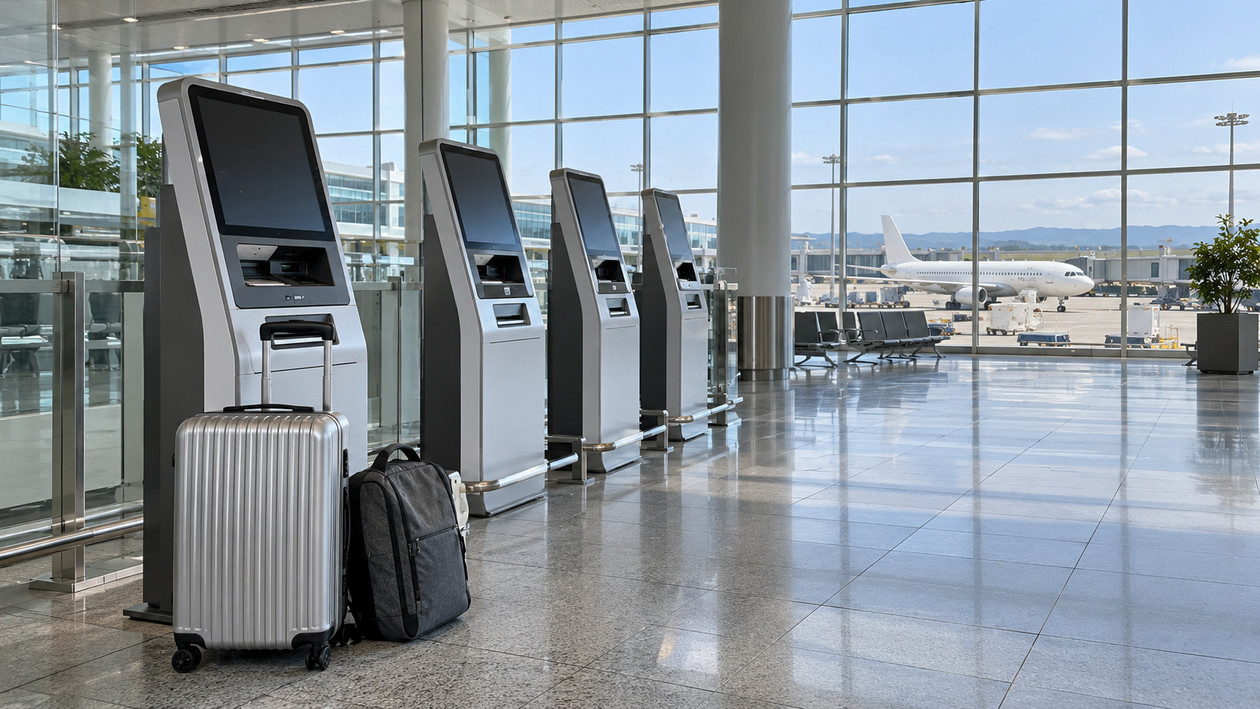 İç hatlar terminalinde self check-in kiosklarının önünde gri kabin valizi ve sırt çantası