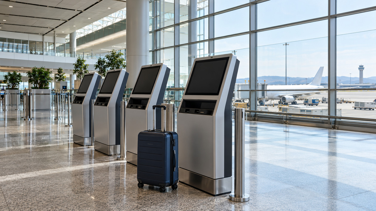 Havalimanında ekranları kapalı self check-in kiosklarının önünde lacivert kabin valizi