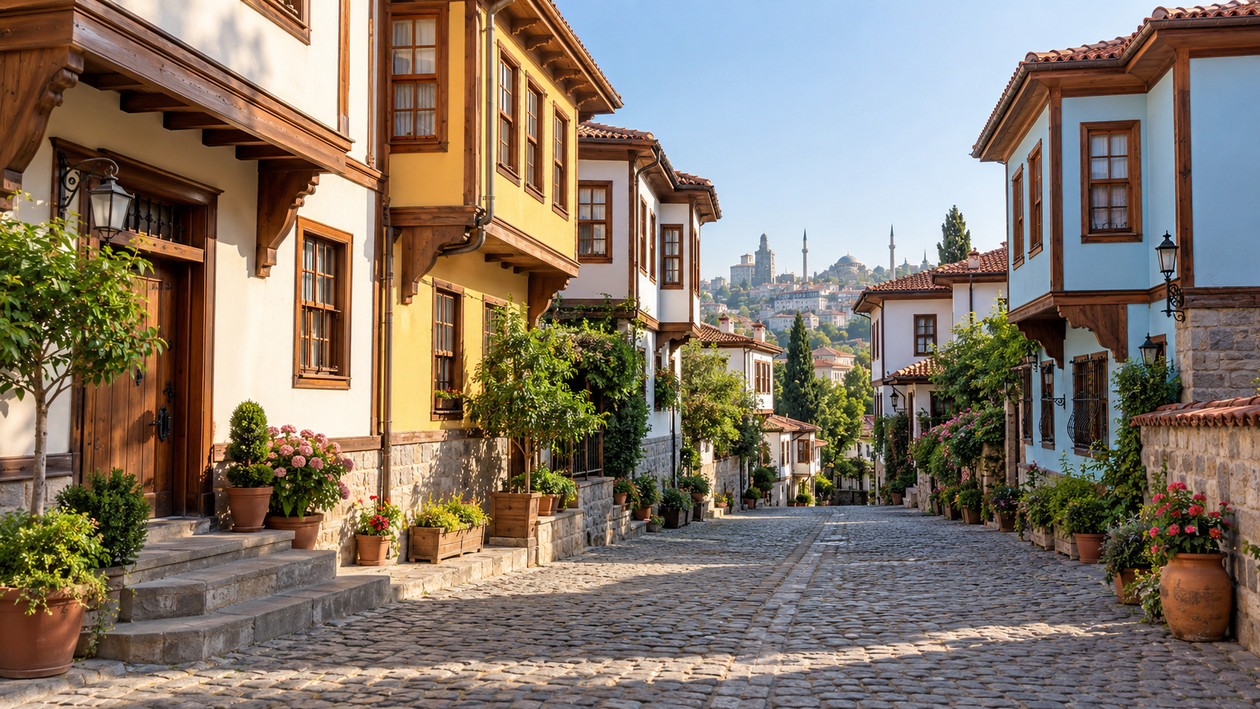 Hamamönü'nde restore edilmiş ahşap evlerin sıralandığı sokak