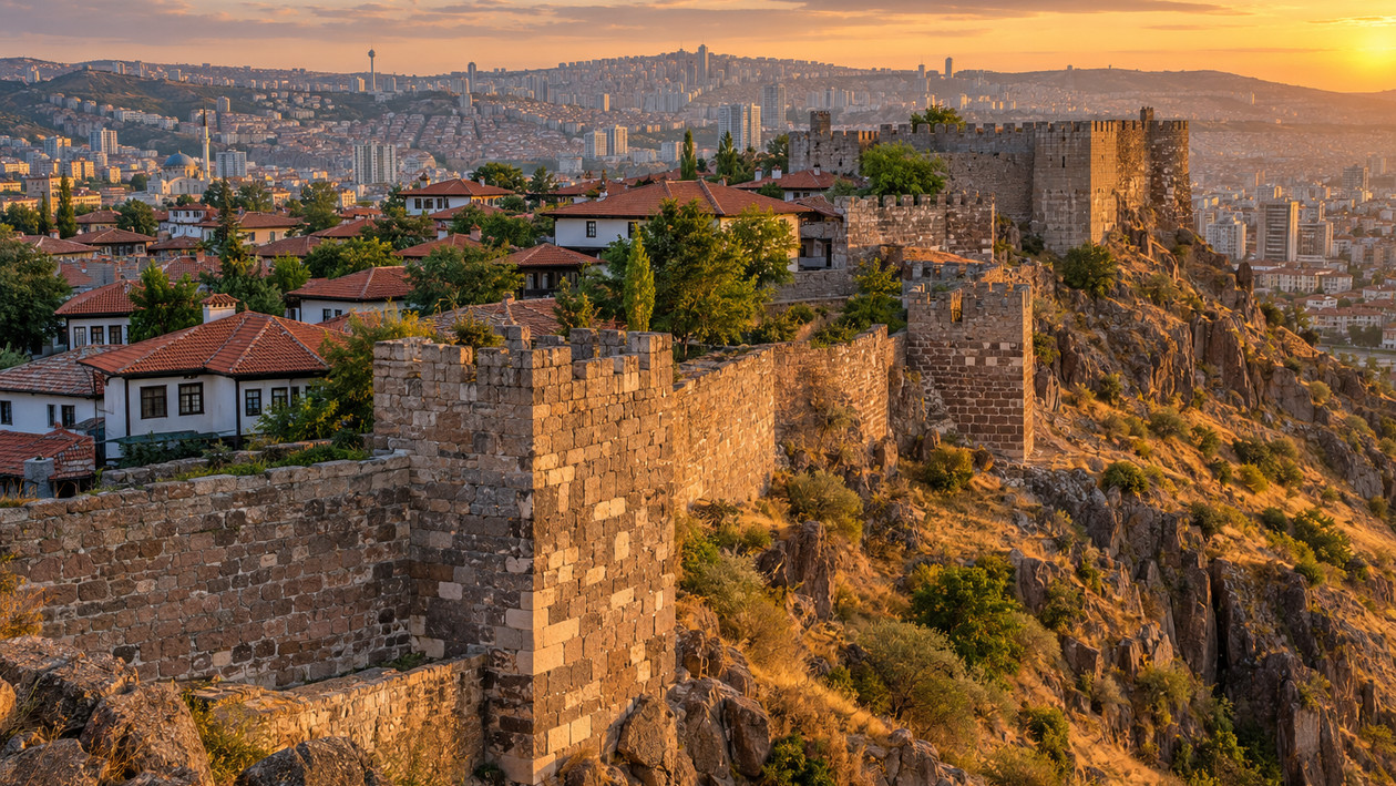 Gün batımında Ankara Kalesi surları ve kale içindeki eski evler