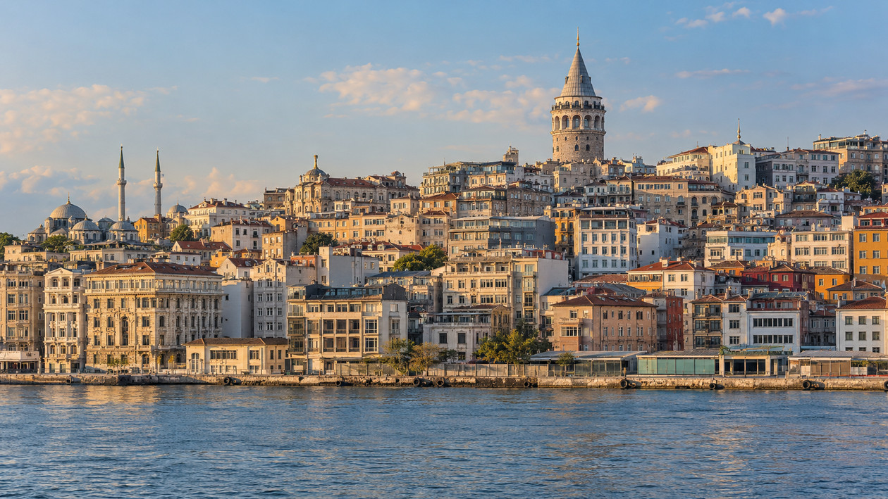 Karaköy'den bakınca yokuş üzerinde yükselen Galata Kulesi ve çevresindeki Beyoğlu çatıları