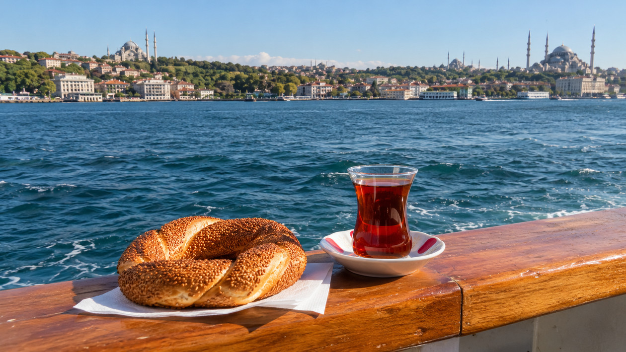 Vapur korkuluğu üzerinde bir simit ve ince belli bardakta çay, arka planda Boğaz'ın suları