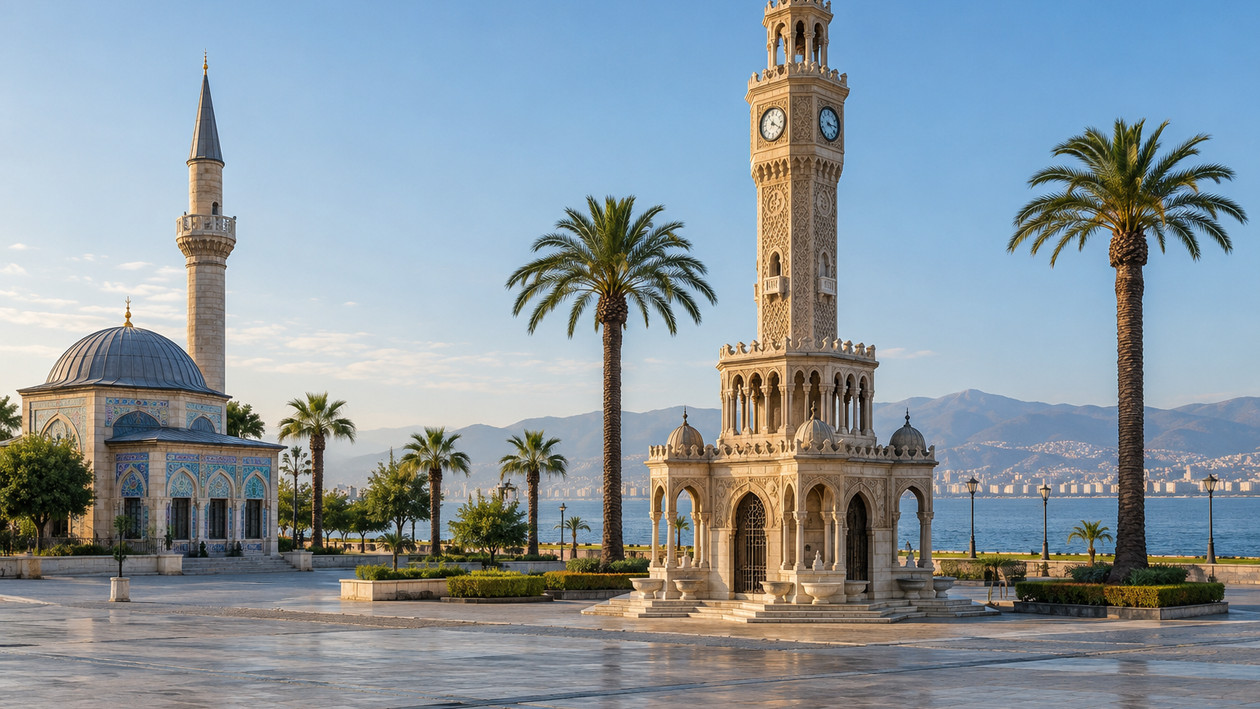 Konak Meydanı'nda Saat Kulesi ve yanındaki küçük Konak Yalı Camii
