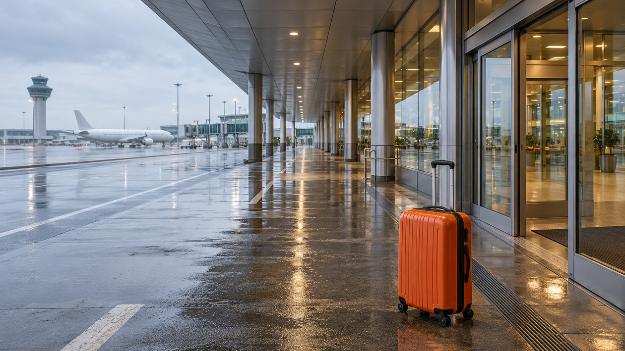 Yağmurlu sabah havalimanı terminal girişinde ıslak kaldırımda turuncu valiz