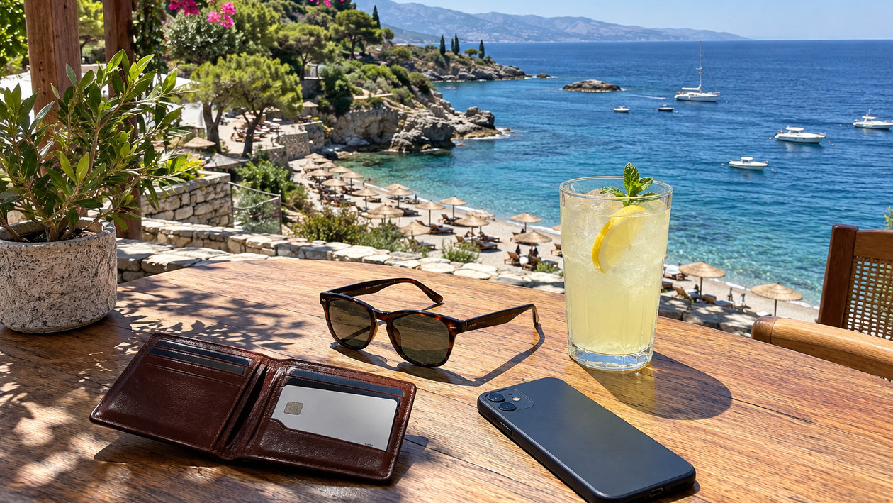 Sahil kafesinde masada açık cüzdan, banka kartı, güneş gözlüğü ve ters çevrilmiş telefon