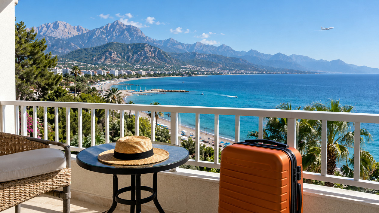 Antalya sahilinde otel balkonunda turuncu valiz ve hasır şapka, arkada deniz ve Toroslar