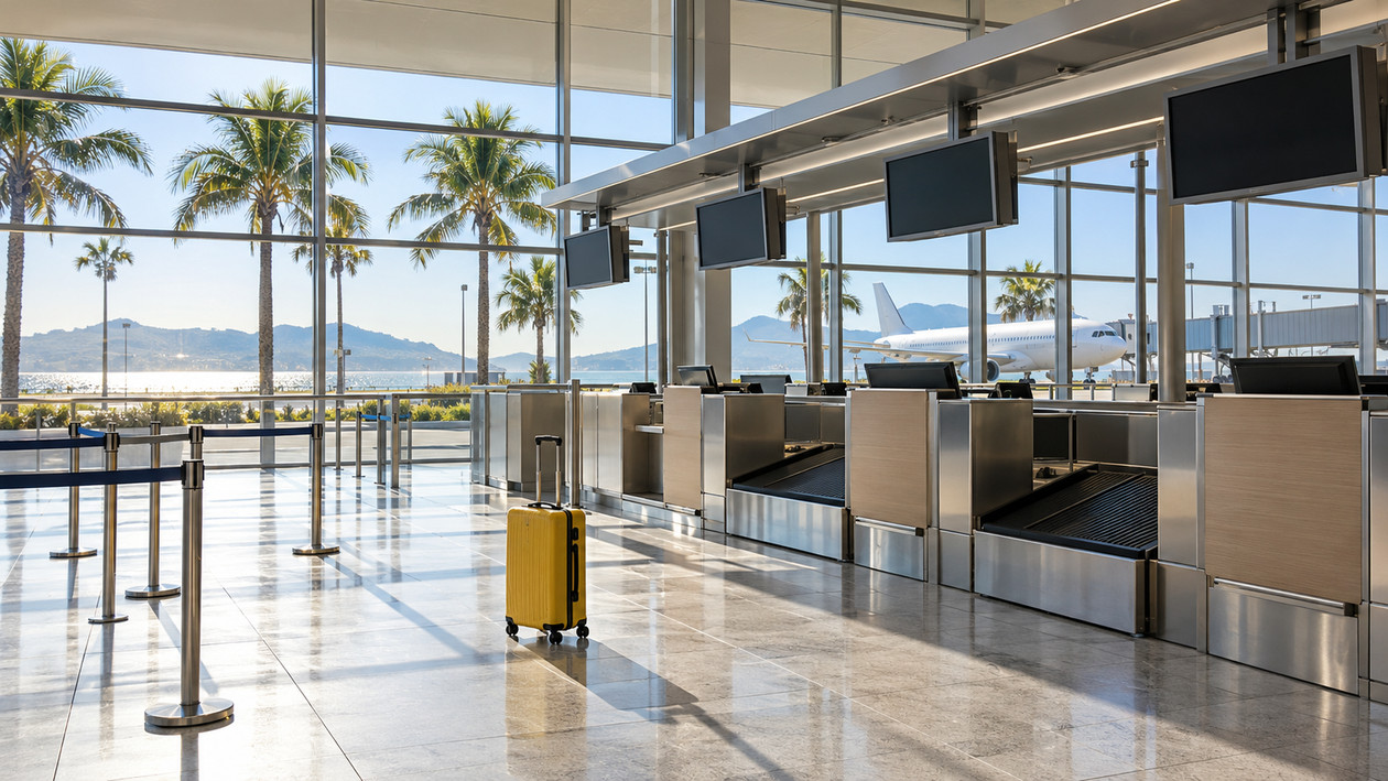 Yaz tatili havalimanında boş check-in kontuarları önünde sarı valiz, dışarıda palmiyeler