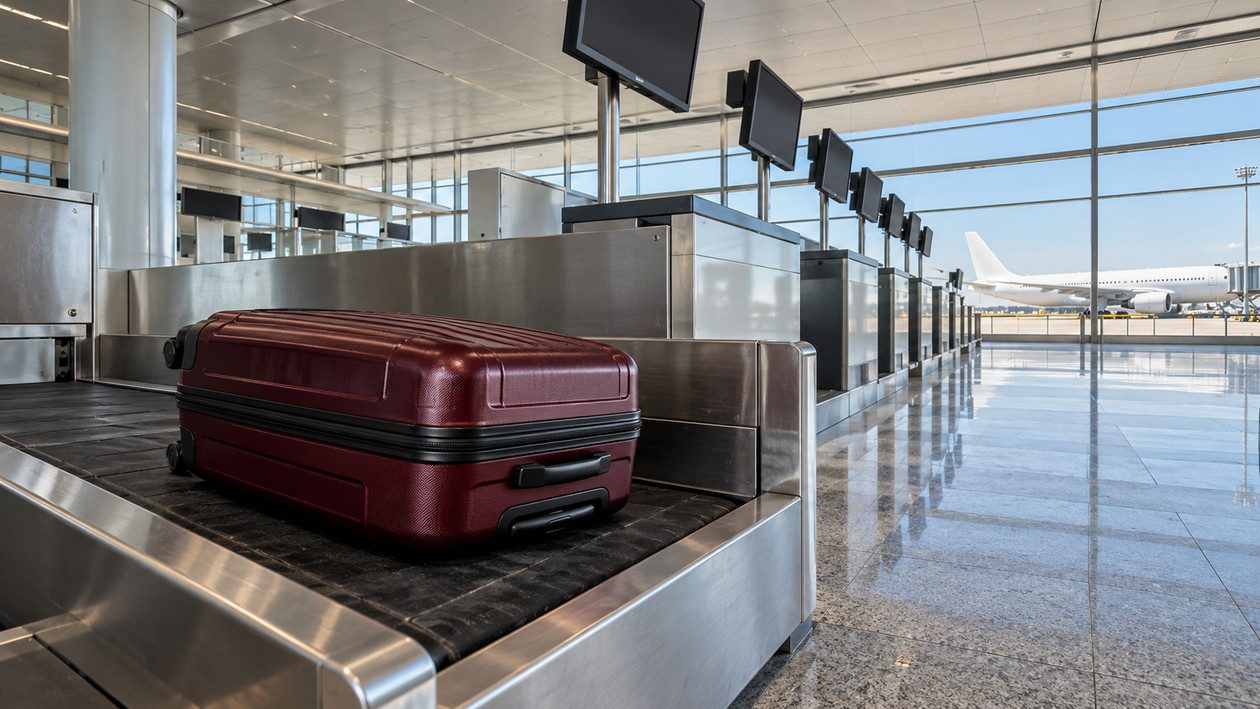 Check-in kontuarındaki bagaj bandında bordo valiz, arkada boş kontuar sırası