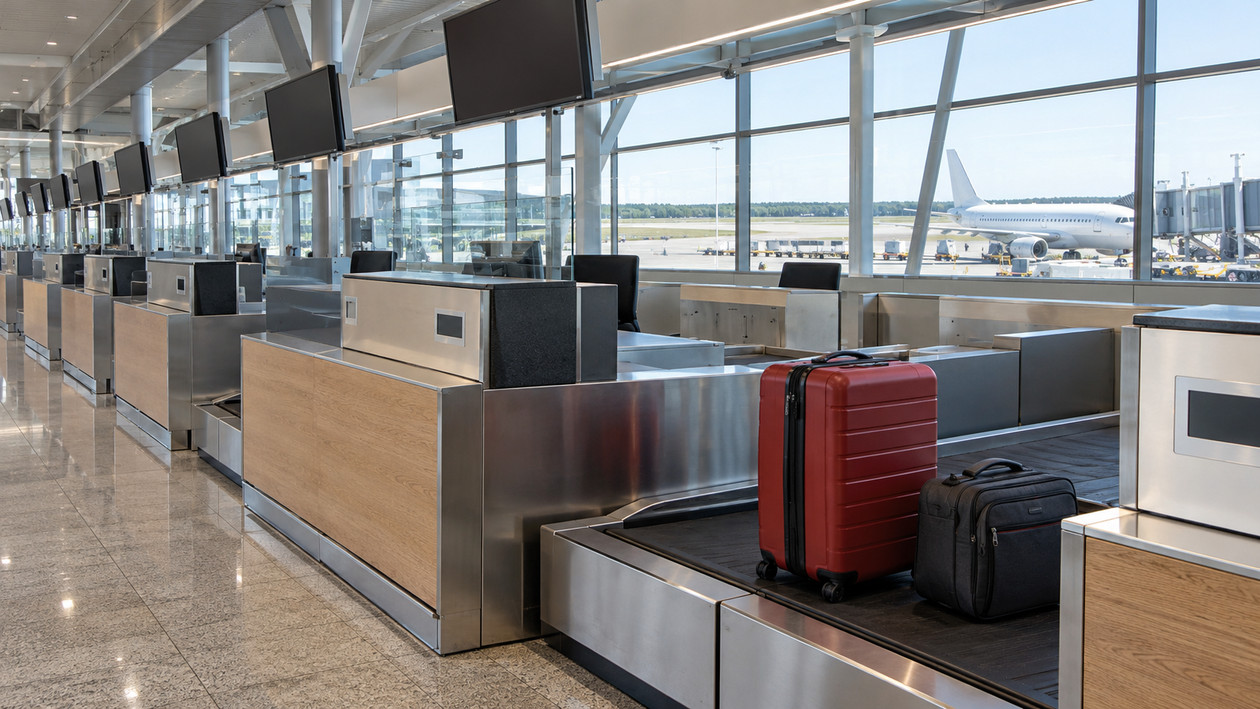 THY uçuşu öncesi check-in kontuarında bagaj tartısındaki kırmızı valiz ve kabin çantası
